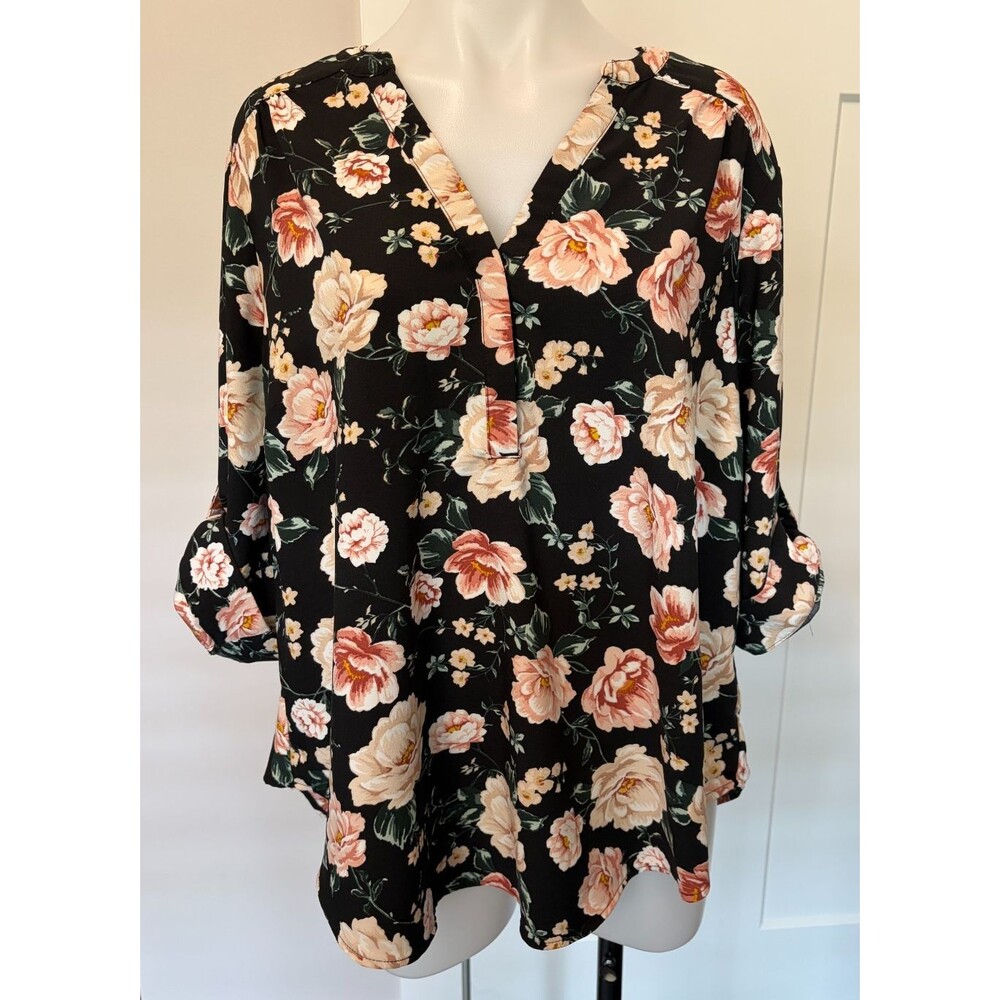 TORRID Womens Harper TOP 3/4 Sleeve BLACK Peach Green FLORAL Size 1 (1X 14/16)